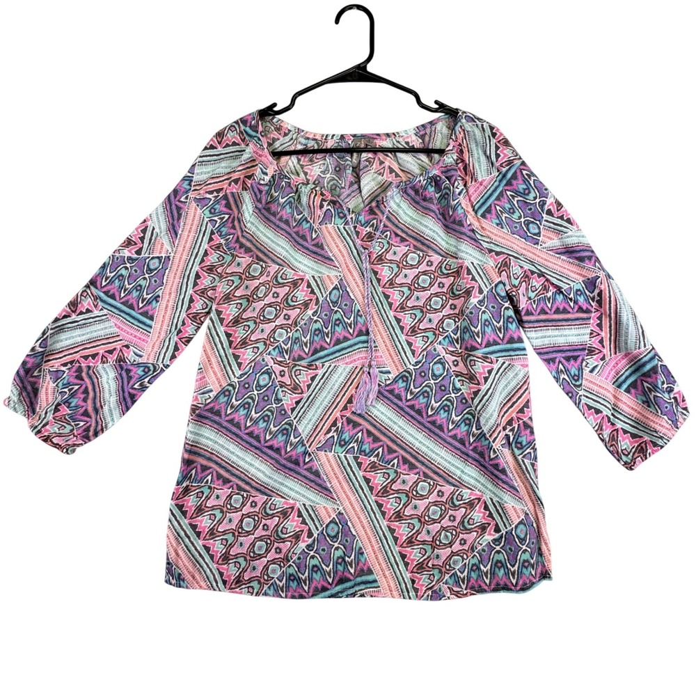 New Directions Weekend Shirt Women's Small Pink Teal Ikat Tassel Blouse Top Boho